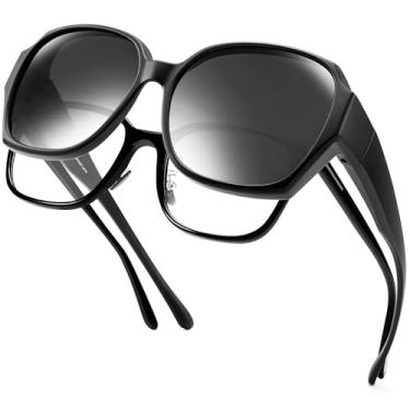 Imagem de Paukis Óculos de sol polarizados femininos ajustados sobre óculos de sol femininos, armação grande redonda TR90 proteção UV400, Lente D02 preto fosco/cinza - novo, G