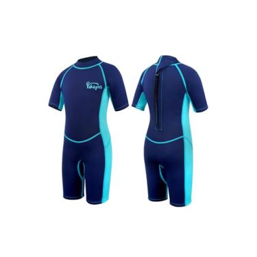 Imagem de Yikayin Roupa de mergulho infantil, roupa de mergulho curta de 2,5 mm para meninos e meninas, maiô térmico de neoprene UV com zíper nas costas para aulas de natação, mergulho, surfe, snorkeling