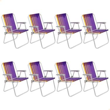 Imagem de Kit 08 Cadeiras De Praia Tramontina Samoa Alta Em Alumínio Com Assento Roxo E Amarelo 92900003