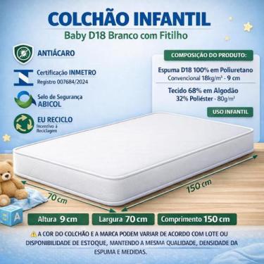 Imagem de Colchão Infantil Espuma D18 70x150 9cm Branco Uso Infantil Certificado