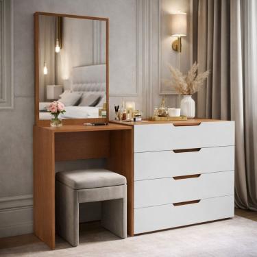 Imagem de Cômoda Penteadeira 4 Gavetas Madrid Branco/Freijó
