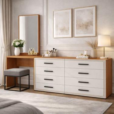 Imagem de Cômoda Penteadeira 8 Gavetas Valência Creme/Freijó
