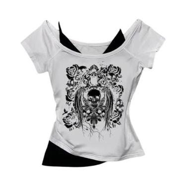 Imagem de Camiseta Feminina Retro Gótica Estampada Com Ombros Descidos, Moda De 