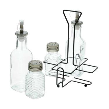 Imagem de Jogo Galheteiro Com Suporte Azeite Vinagre Saleiro Vidro E Metal 4 Peças Lyor