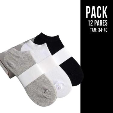 Imagem de Kit 12 Pares Meia Algodão Soquete Cano Baixo Feminina Branca Preta 34-