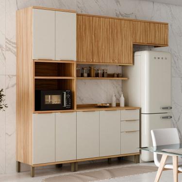 Imagem de Armário de Cozinha Modulada com Balcão e Tampo 10 Portas 3 Gavetas Nice Fresado 100% Mdf Amêndoa/Off White - Pnr Móveis