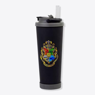 Imagem de Copo com Canudo Copo Spring Hogwarts para Bebidas em Aço Inoxidável com Base de Silicone Removível Preto Harry Potter