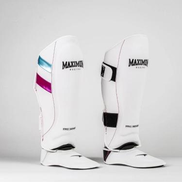 Imagem de Caneleira Profissional Pro Branca e azul Muay Thai e Kickboxing Maximum-Unissex