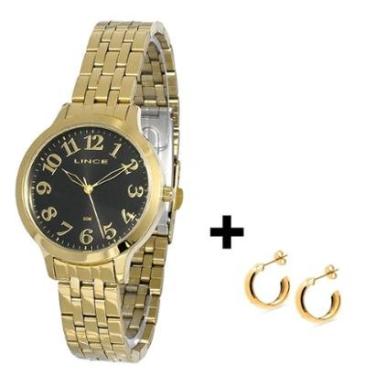 Imagem de Relogio Pulso Feminino Dourado Lince Pulseira + Brinco-Feminino