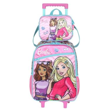 Imagem de Kit Mochila Rodinha e Lancheira Infantil Barbie Luxcel Poliéster 41x30x14cm Rosa Menina