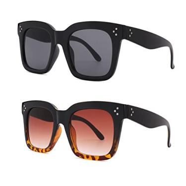 Imagem de BOURYO Óculos de sol quadrados grandes retrô para mulheres lentes planas óculos de sol degradê UV400, Pacote com 2 A2 (preto + preto, tartaruga), 50mm