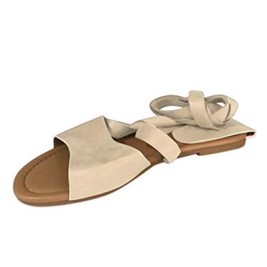 Imagem de Sandálias femininas casuais de verão com bico aberto sandálias casuais de verão sandálias plataforma de praia boho sapatos romanos planos, Z05-cáqui, 9