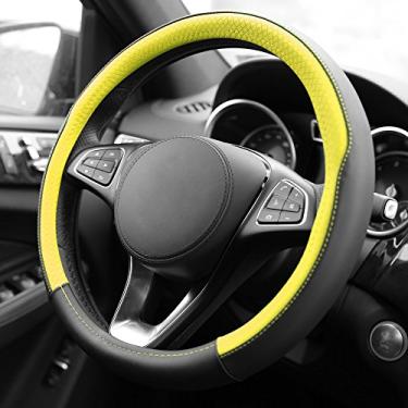 Imagem de FH Group Capa de volante de couro de microfibra geométrica chique – ajuste universal para carros e SUVs amarelo