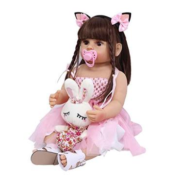 Imagem de Boneca Reborn Baby, 22 "Silicone Vinyl Lifelike Flexível Peso Reborn Girl Doll de corpo inteiro Macio Realistic Reborn Girl Doll com vestido rosa e acessórios de brinquedo para crianças