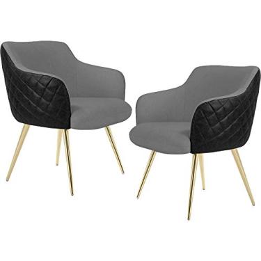 Imagem de Kit 02 Poltronas Pés Palito D'Ouro Jade D02 Linho Cinza C-416 Tressê Corano Preto - Lyam Decor