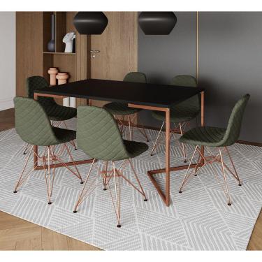 Imagem de Mesa Industrial Retangular Preta Base V Cobre 137x90cm C/ 6 Cadeiras Estofadas Verdes Eames Cobre 