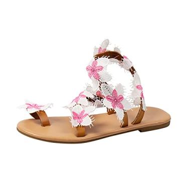 Imagem de Sandálias decorativas femininas de tecido boêmio com flores para o verão respirável com clipe no dedo do pé sandálias planas casuais sem cadarço (rosa, 7)