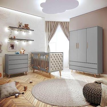 Imagem de Quarto de Bebê Retrô Lorena Berço com Capitonê Guarda Roupa 3 Portas Cômoda Infantil 4 Gavetas Cinza Carolina Baby