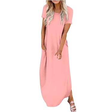 Imagem de Vestido feminino elegante casual cor sólida manga curta gola redonda bainha irregular vestido de férias vestidos femininos, rosa, G