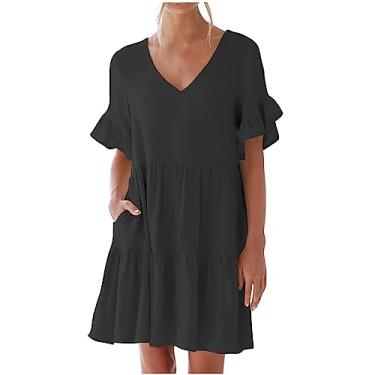 Imagem de Vestido feminino casual de verão com decote em V, vestido preto com bolso, vestido curto sem mangas com babados, vestido de sobrepeliz para mulheres, Preto, G