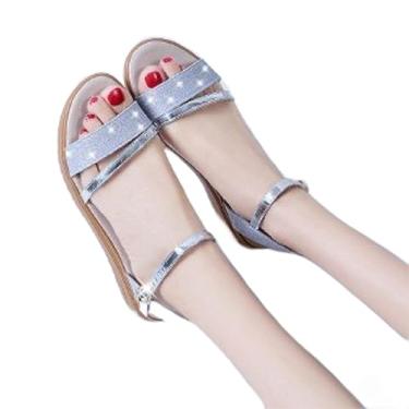 Imagem de Sandálias femininas sapatos casuais femininos bico aberto verão sapatos dourados quadrado feminino tira no tornozelo sapatos de salto baixo feminino, Prata, 41 M EU