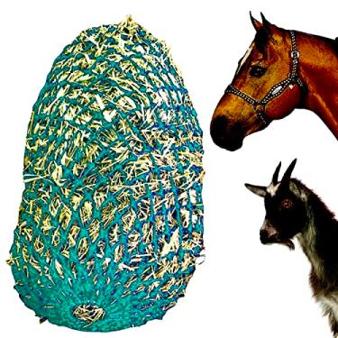 Imagem de Majestic Ally Furos de 5 cm x 5 cm de alimentação lenta 101,6 cm rede de feno muito resistente com anel inferior para cavalos desejosos, corda de nylon para pendurar, alimentador de viagem ajustável para trailer, barraca e uso portátil. (turquesa)