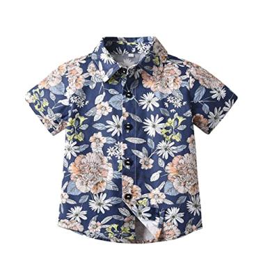 Imagem de Camiseta infantil awaiian Shirt Boys Button Down Shirt manga curta verão praia camisa camisas tropicais para meninos férias, Azul escuro, 2-3 Anos