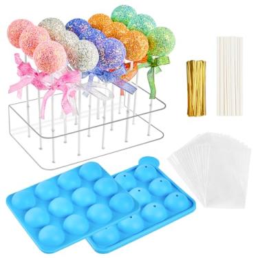 Imagem de Conjunto de suporte de bolo pop, suporte de exibição de pirulito de acrílico transparente de 15 furos com molde de silicone de 12 cavidades, sacos de petiscos, palitos e laços torcidos para casamentos, chás de bebê, festa de aniversário, dia das bruxas, Natal