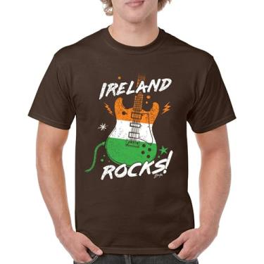 Imagem de Camiseta masculina Ireland Rocks Guitar Flag St Patrick's Day Shamrock Groove Vibe Pub Celtic Rock and Roll Clove, Marrom, M