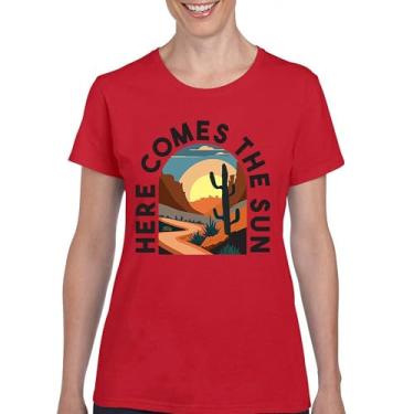 Imagem de Camiseta Here Comes The Sun Retrô Boho Cactus Canyon Sunrise Vintage Viagem Hippie Verão Anos 60 Sul Camiseta Feminina, Vermelho, XXG