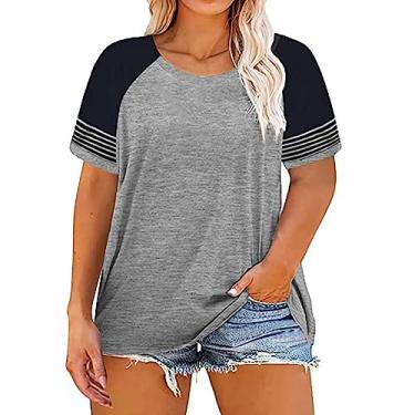 Imagem de ZHONKUI Camisetas femininas plus size gola redonda patchwork algodão imitação primavera verão tops para mulheres 2024, A, XXG