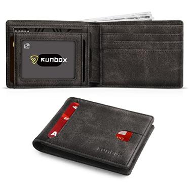 Imagem de RUNBOX Carteira masculina fina com 11 compartimentos para cartão de crédito, couro com bloqueio de RFID, pequena, fina, dobrável, bolso frontal, caixa de presente de grande capacidade, Cinza rocha