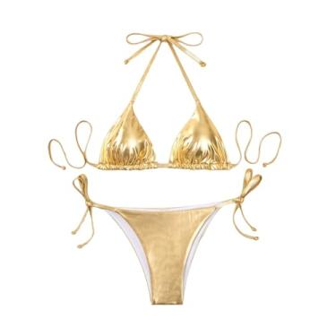 Imagem de Falainetee Conjunto de biquíni feminino metálico brilhante de cintura alta triângulo laço lateral, Dourado, PP