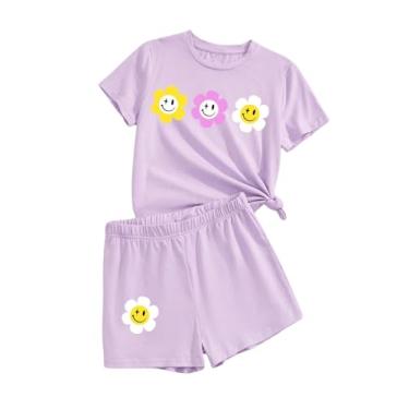 Imagem de SOLY HUX Conjunto de 2 peças de camiseta e short de manga curta com estampa floral para meninas, Floral roxo lilás, 10Y