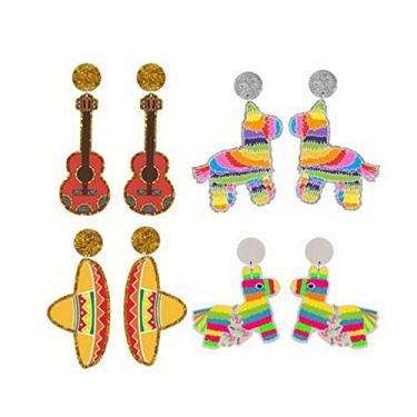 Imagem de 4 pares Cinco De Mayo Piñata Sombrero Maracas Chili Pepper Raquete Cavalo Chapéu Abacate Cacto Gota Pingente Conjunto de Brincos para Mulheres Menina Adolescente Acrílico Tema Mexicano Declaração Brinco Fiesta Joias Presente, Acrílico Metal, acrílico