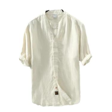Imagem de Camisetas masculinas de verão de manga curta de linho slim estilo fino casual branco sólido roupas masculinas vintage, 3311 cáqui, G