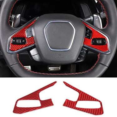 Imagem de Capa de botão de volante compatível com Chevrolet Corvette C8 2020-2023, acabamento da moldura do volante, adesivo de moldura de proteção do painel do volante do carro (adesivo vermelho de fibra de carbono)