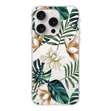 Imagem de Blingy's Capa para iPhone 15 Pro, estampa de flores da selva tropical com design de folhas de palmeira capa protetora transparente de TPU macio de 6,1 polegadas (samambaia de pétala branca)
