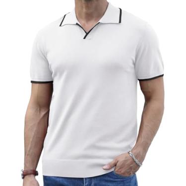 Imagem de Anelune Camisa polo masculina de malha casual, manga curta, gola V, camisetas macias de verão, Branco, G