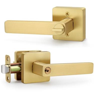 Imagem de LOQRON Alavanca de porta de entrada com chave quadrada, maçanetas douradas escovadas, maçaneta de porta resistente com chaves e fechadura maçaneta dourada maçaneta reversível para porta de entrada