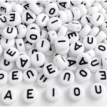 Imagem de Bxwoum 500 peças, contas de letra, branco, redondo, acrílico, alfabeto, letras, letras de vogais A E I O U contas para fazer joias pulseiras colares chaveiros DIY 4X7 mm (1 Vogal redonda AEIOU-500PCS)