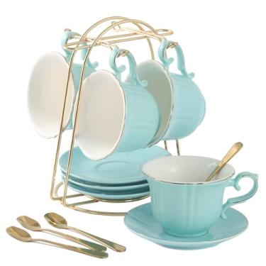 Imagem de Conjunto de 4 xícaras de chá e pires DUJUST (236 ml), azul (nile blue) com acabamento dourado, xícaras de café com borda de pétala com suporte de metal, de porcelana com estilo simples – verde-claro