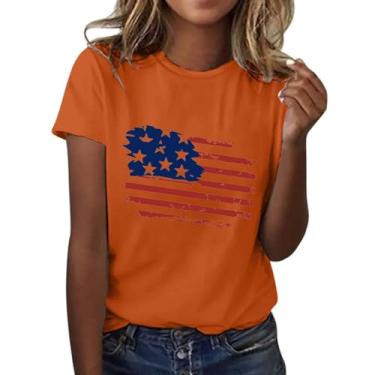 Imagem de Camiseta feminina moderna casual com bandeira do Dia da Independência estampada gola redonda manga curta camiseta xadrez para mulheres, Laranja, G