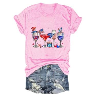Imagem de Camisetas femininas de 4 de julho com bandeira americana, taças de vinho, blusa de manga curta, gola redonda, solta, patriótica, túnica, rosa, XXG
