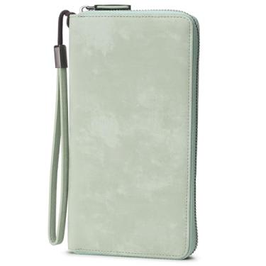 Imagem de Bveyzi Carteira feminina com bloqueio de RFID em couro com zíper ao redor do telefone clutch grande capacidade feminina bolsa de viagem bolsa de pulso, Verde sálvia