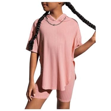 Imagem de Floerns Camisetas femininas com capuz e manga curta caneladas, conjunto de 2 peças com shorts de motociclista, Rosa coral, 10Y