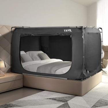 Imagem de YAVIL Tenda para cama king size, barracas de dormir portáteis para crianças e adultos, blackout 93% espaço de privacidade respirável na cama com três portas (não incluído)