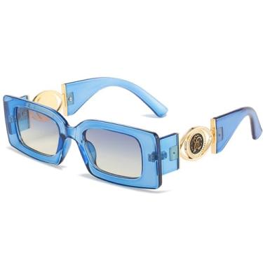 Imagem de Óculos de sol com armação retangular feminino, óculos de sol retrô gradiente de luxo, tons de vidro da moda, azul cinza, tamanho único