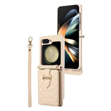 Imagem de Capa de telefone com bolsa de couro com cordão crossbody para Samsung Galaxy Z Flip 5 4 3 Flip5 Flip4 Flip3 Capa de cartão carteira com corda de pulso, bege, para Samsung Z Flip 4