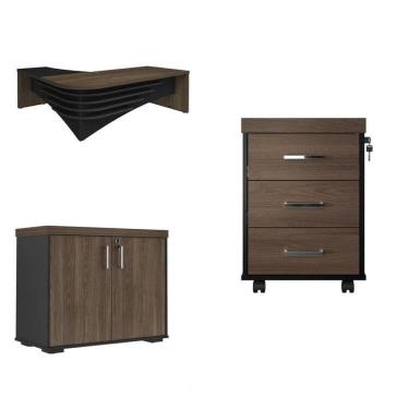 Imagem de Kit 3 Peças com Mesa Diretor em L e Tamburato, Balcão Multiuso 2 Portas e Gaveteiro 3 Gavetas Charuto/Preto